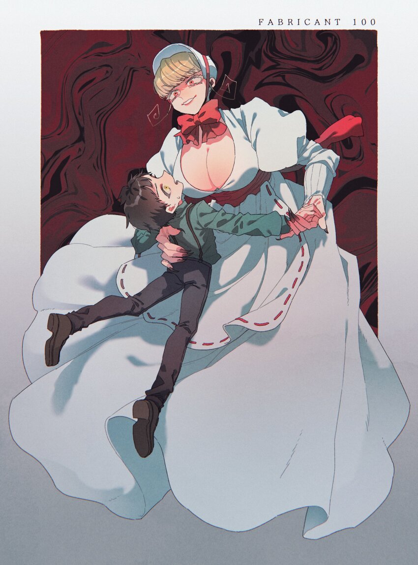 1boy, 1girl, absurdres, age_difference, black_claws, black_hair, black_nails, blonde_hair, bonnet, bow, breasts, center_opening, copyright_name, dress, fabricant_number_100, green_shirt, grin, hand_on_another's_back, highres, holding_hands, jinzou_ningen_100, juliet_sleeves, large_breasts, long_dress, long_sleeves, mature_female, mukai_nemui, onee-shota, open_mouth, puffy_sleeves, red_background, red_bow, red_eyes, shirt, short_hair, size_difference, smile, sweatdrop, white_dress, yao_ashibi, yellow_eyes