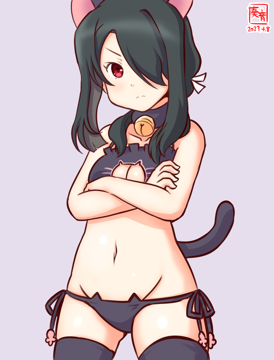 1girl, alternate_costume, animal_ears, artist_logo, bell, black_bra, black_hair, black_panties