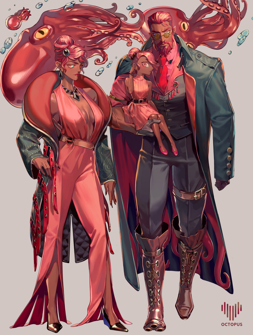 1boy, 2girls, absurdres, beard, belt, black_coat, black_gloves, black_nails