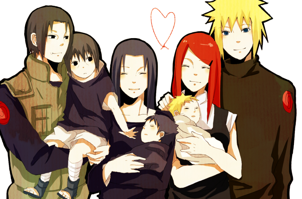 2girls, 5boys, black_hair, brothers, closed_eyes, family, heart, long_hair, multiple_boys, multiple_girls, namikaze_minato, naruto_(series), naruto_shippuuden, red_hair, siblings, uchiha_fugaku, uchiha_itachi, uchiha_mikoto, uchiha_sasuke, uzumaki_kushina, uzumaki_naruto, xxll, aged_down