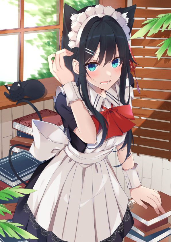 1girl, alternate_costume, animal_ears, apron, black_cat, black_hair, blush, book