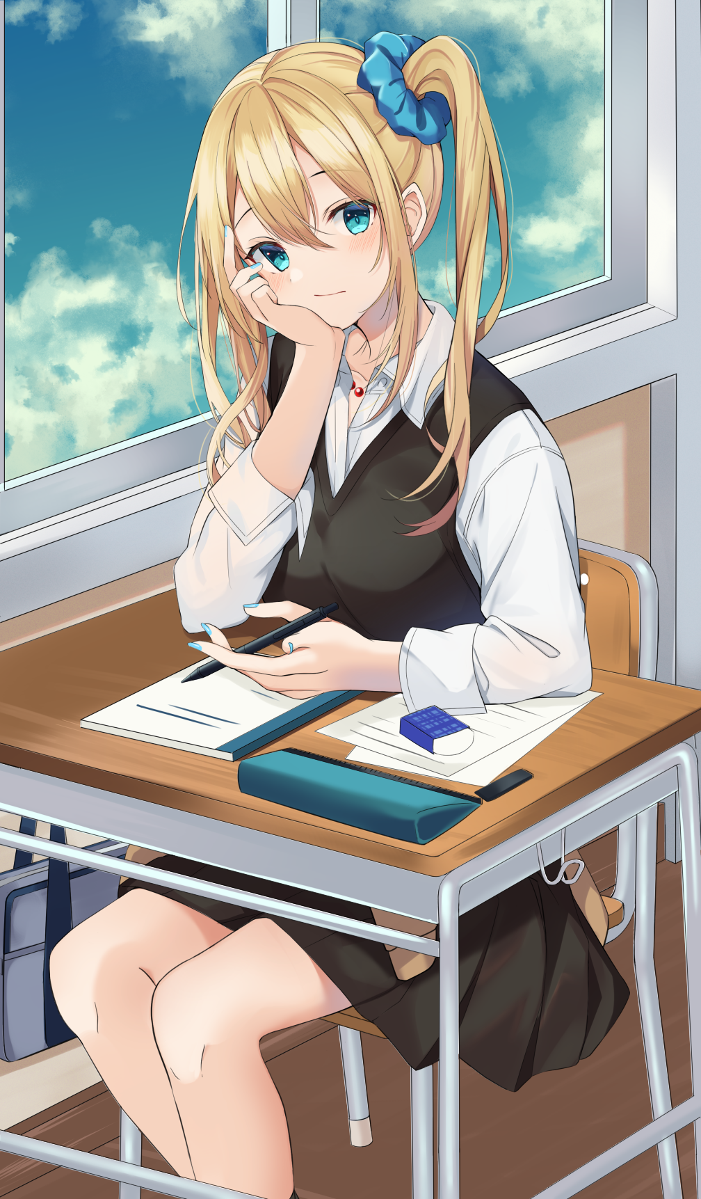 1girl, :/, black_skirt, blonde_hair, blue_nails, blue_scrunchie, blue_sky, chair, chroemaguro, classroom, closed_mouth, cloud, collared_shirt, commentary_request, desk, eraser, green_eyes, hair_between_eyes, hair_ornament, hair_scrunchie, hayasaka_ai, head_rest, highres, holding, holding_pen, indoors, jewelry, kaguya-sama_wa_kokurasetai_~tensai-tachi_no_renai_zunousen~, long_bangs, long_sleeves, looking_at_viewer, nail_polish, necklace, notebook, on_chair, paper, pen, school_chair, school_desk, school_uniform, scrunchie, shirt, side_ponytail, sitting, skirt, sky, solo, sweater_vest, table, white_shirt, window