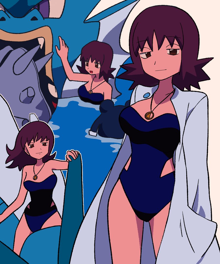 1girl, :d, blue_one-piece_swimsuit, closed_mouth, cloyster, coat, collarbone, flipped_hair, gen_1_pokemon, gyarados, hand_up, holding, jewelry, long_hair, multiple_views, necklace, nintendo, one-piece_swimsuit, open_clothes, open_coat, open_mouth, outline, partially_submerged, professor_ivy, pokemon, pokemon_(anime), pokemon_(classic_anime), pokemon_(creature), poliwhirl, purple_hair, riding, riding_pokemon, sitting, smile, swimsuit, tyako_089, water