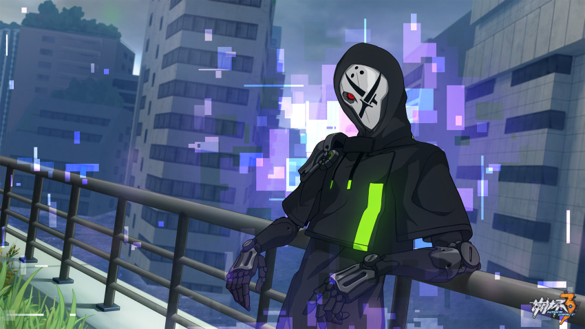 1boy, black_hoodie, black_sleeves, building, chinese_commentary, cloud, cloudy_sky, fence