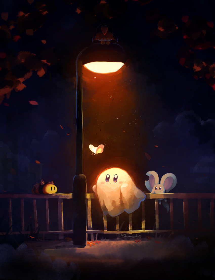 :o, absurdres, artist_name, bird, blue_eyes, blush, blush_stickers, bug, butterfly, clocker, closed_mouth, cloud, commentary_request, copy_ability, elfilin, fence, flower, ghost, ghost_kirby, highres, insect, kirby, kirby_(series), lamppost, looking_at_viewer, morpho_knight_(butterfly), needlous, night, nintendo, no_humans, outdoors, red_flower, sky, suyasuyabi, tree, twitter_username