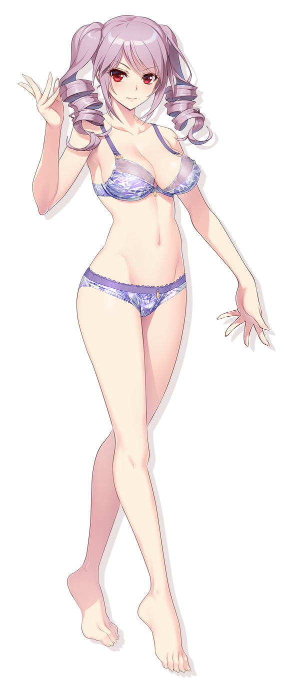 1girl, barefoot, breasts, drill_hair, drop_shadow, full_body, highres, large_breasts, long_hair, looking_at_viewer, mikoshiba_saria, navel, non-web_source, official_art, photoshop_(medium), pink_hair, red_eyes, saimin_datsujo_4, solo, tachi-e, transparent_background, twintails, underwear, underwear_only, yoshino_keiko