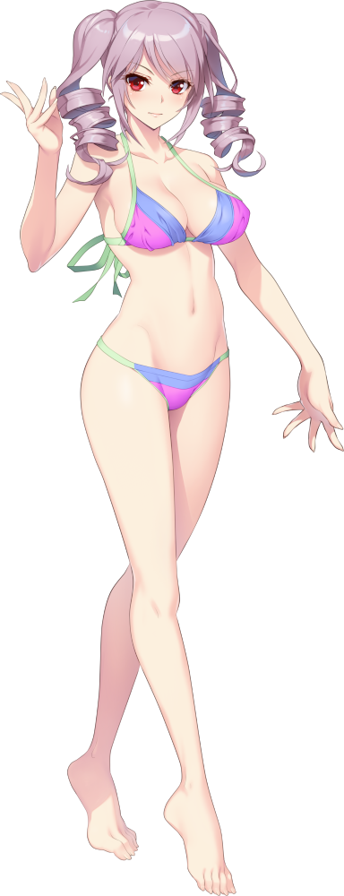 1girl, barefoot, bikini, breasts, drill_hair, full_body, large_breasts, long_hair, looking_at_viewer, mikoshiba_saria, navel, non-web_source, official_art, photoshop_(medium), pink_hair, red_eyes, saimin_datsujo_4, smile, solo, swimsuit, tachi-e, transparent_background, twintails, yoshino_keiko