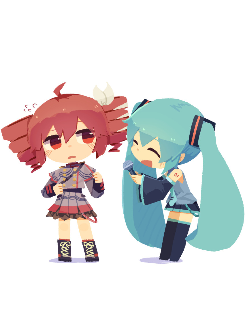 2girls, absurdres, ahoge, black_skirt, black_thighhighs, blue_hair, blue_necktie, blush, chibi, closed_eyes, detached_sleeves, drill_hair, facing_another, hatsune_miku, highres, holding, holding_microphone, kasane_teto, kasane_teto_(sv), konohoshi, long_hair, long_sleeves, looking_at_another, microphone, multiple_girls, necktie, open_mouth, pink_eyes, pink_hair, pleated_skirt, short_hair, simple_background, skirt, smile, thighhighs, tie_clip, twin_drills, twintails, utau, vocaloid, white_background