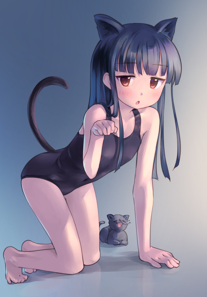 1girl, animal_ears, arm_support, barefoot, black_cat, black_one-piece_swimsuit, blue_hair, blunt_bangs
