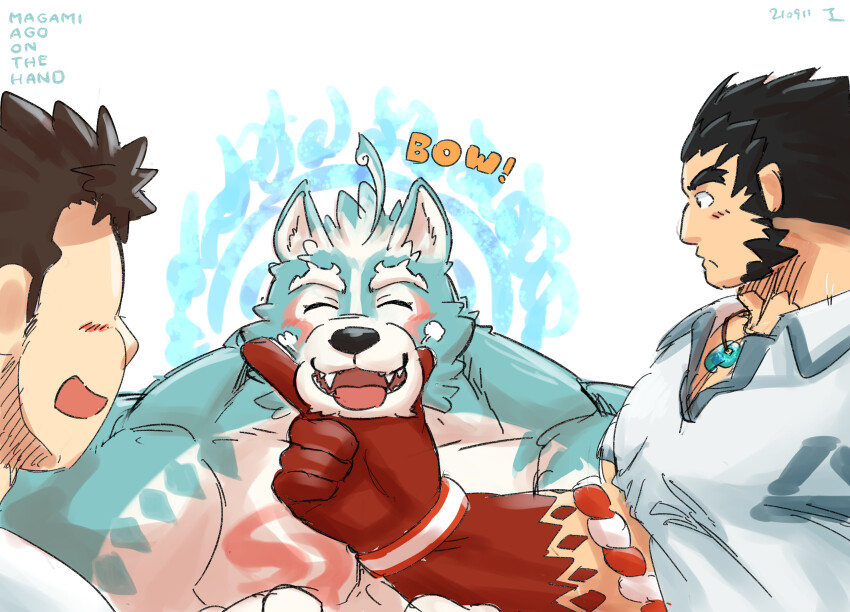 3boys, ^_^, bara, blue_fur, blush, chest_tattoo, closed_eyes, english_text