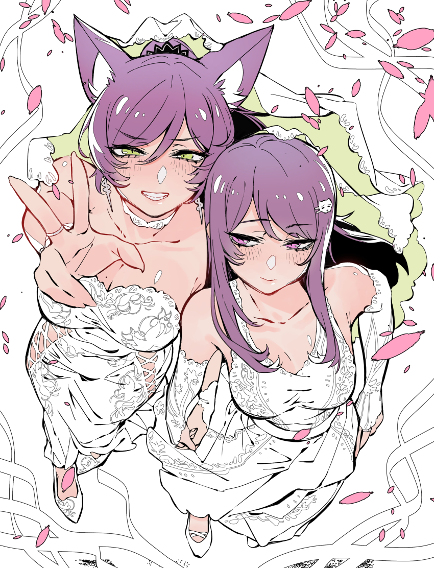 2girls, absurdres, animal_ear_fluff, animal_ears, arm_up, blush, breasts, bridal_veil