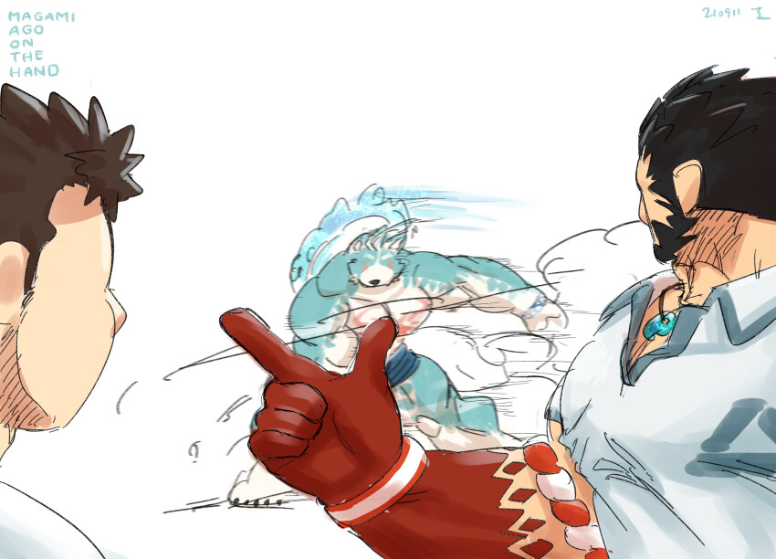 3boys, bara, blue_fur, blue_male_swimwear, chest_tattoo, furry, furry_male, gradient_skin