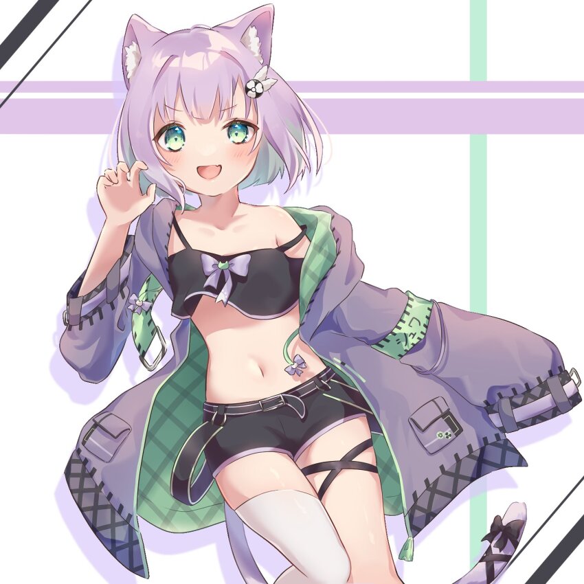 1girl, :d, animal_ear_fluff, animal_ears, black_shorts, cat_ears, cat_girl, cat_tail