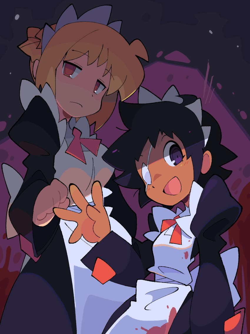 2girls, apron, bacun, beluna, black_dress, black_hair, blonde_hair, blood, blood_on_clothes, blood_splatter, cowboy_shot, dark-skinned_female, dark_skin, dress, elena_(the_voynich_hotel), expressionless, eyepatch, highres, maid, maid_apron, maid_headdress, multiple_girls, neck_ribbon, one-eyed, red_eyes, ribbon, shaded_face, shadow, short_hair, smile, the_voynich_hotel, waving, white_apron