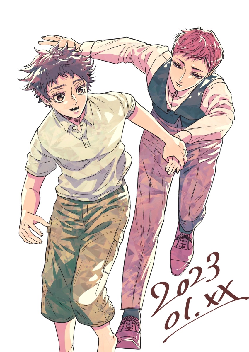 2boys, ballroom_e_youkoso, barefoot, black_vest, brown_eyes, brown_footwear, dated, fujita_tatara, highres, holding_hands, hyoudou_kiyoharu, long_sleeves, multiple_boys, red_hair, running, shirt, shoes, short_sleeves, tera24ga, vest, white_hair, white_shirt, yaoi