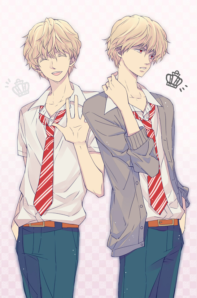 1boy, bad_id, bad_pixiv_id, belt, blonde_hair, blue_pants, brown_belt, cardigan