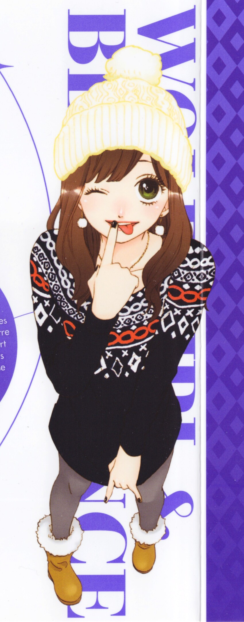 1girl, ;p, \n/, absurdres, asymmetrical_bangs, black_nails, black_sweater, blue_background