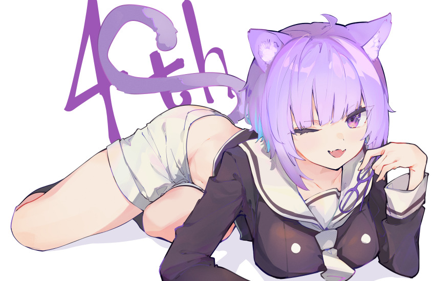 1girl, ;d, absurdres, ahoge, animal_ears, black_shirt, black_socks, blue_hair