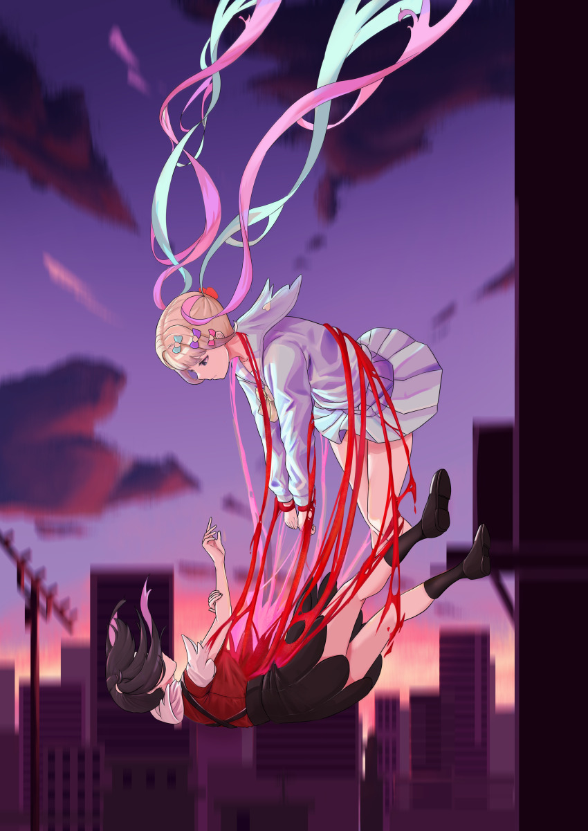 2girls, absurdres, ame-chan_(needy_girl_overdose), amely_elden, antennae, black_footwear, black_hair, black_skirt