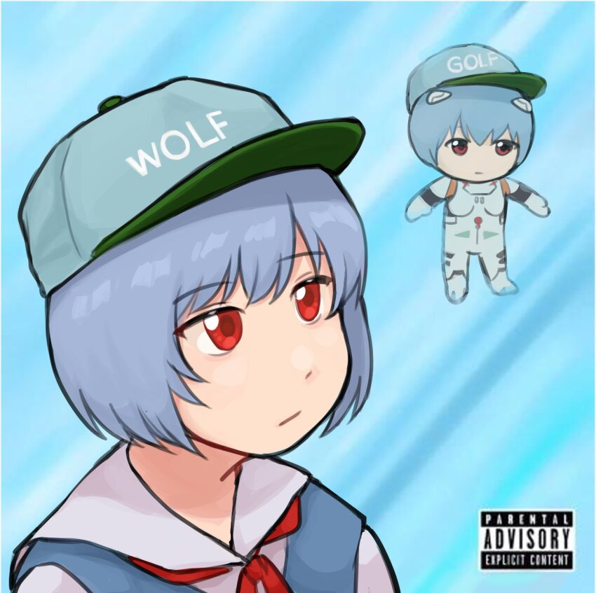 1girl, album_cover_redraw, ayanami_rei, baseball_cap, blue_background, blue_hair, blue_hat, character_doll, commentary, derivative_work, doll, english_commentary, expressionless, gradient_background, hat, highres, looking_to_the_side, mecha_pilot_suit, neck_ribbon, neon_genesis_evangelion, nvi2762, parental_advisory, plugsuit_(evangelion), portrait, red_eyes, red_ribbon, ribbon, sailor_collar, school_uniform, short_hair, solo, tokyo-3_middle_school_uniform, tyler_the_creator, white_sailor_collar