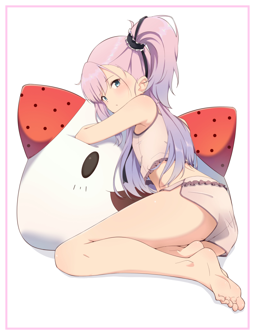 1girl, ass, barefoot, blue_eyes, blush, camisole, commentary_request, from_behind, full_body, highres, long_hair, looking_at_viewer, looking_back, motsutoko, one_side_up, pink_camisole, pink_hair, simple_background, soles, solo, stuffed_toy, toji_no_miko, tsubakuro_yume, white_background