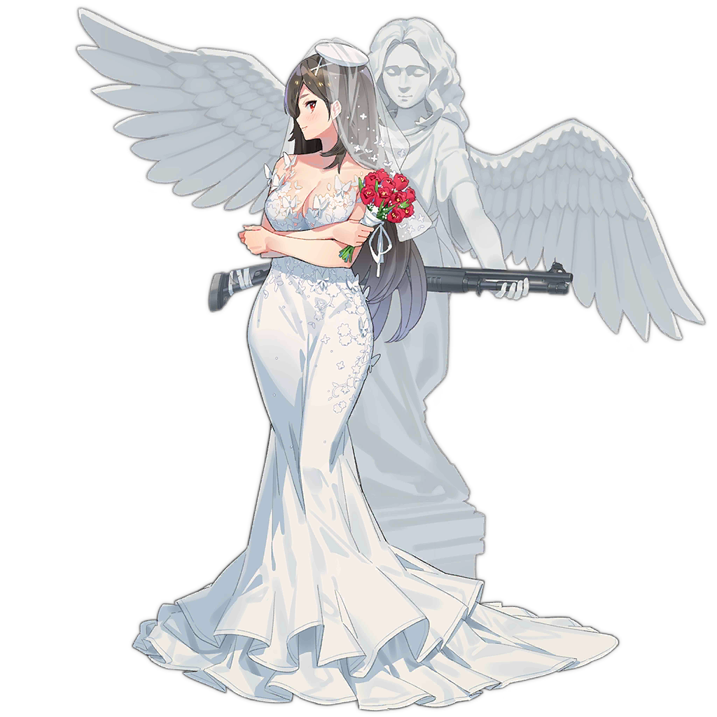 1girl, angel_statue, bare_shoulders, benelli_m4_super_90, bouquet, breasts, bridal_veil, brown_hair