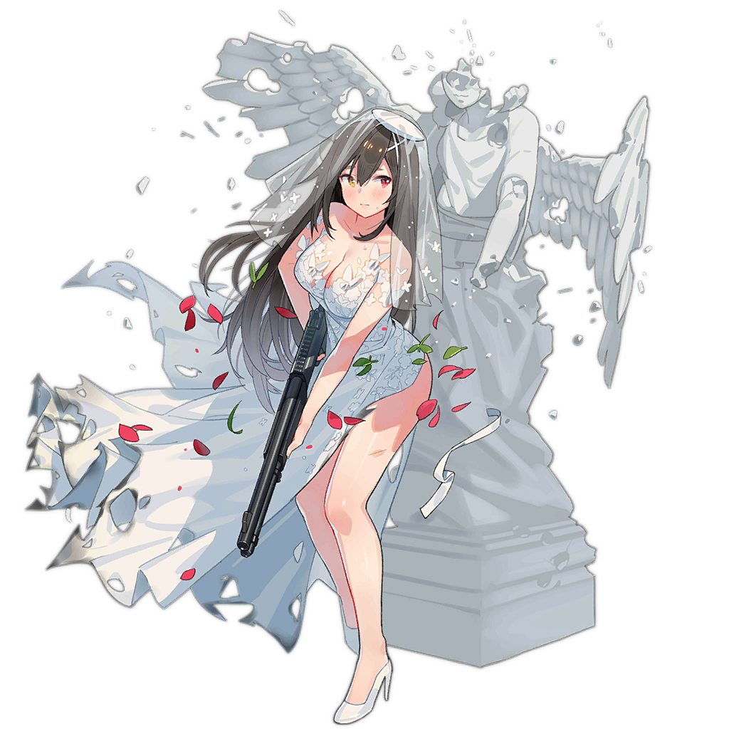 1girl, angel_statue, bare_shoulders, benelli_m4_super_90, blush, breasts, bridal_veil, broken_statue, brown_hair, bullet_hole, burnt_clothes, cleavage, closed_mouth, cuts, ddal, dress, falling_petals, full_body, girls'_frontline, gun, hair_between_eyes, heterochromia, high_heels, holding, holding_gun, holding_weapon, injury, large_breasts, long_dress, long_hair, looking_to_the_side, m1014, m1014_(girls'_frontline), m1014_(heartbeat_before_the_angel_statue)_(girls'_frontline), official_alternate_costume, official_art, petals, red_eyes, ribbon, shoes, shotgun, simple_background, solo, standing, statue, sweatdrop, torn_clothes, torn_dress, transparent_background, veil, very_long_hair, weapon, wedding_dress, white_dress, white_ribbon, white_shoes, yellow_eyes