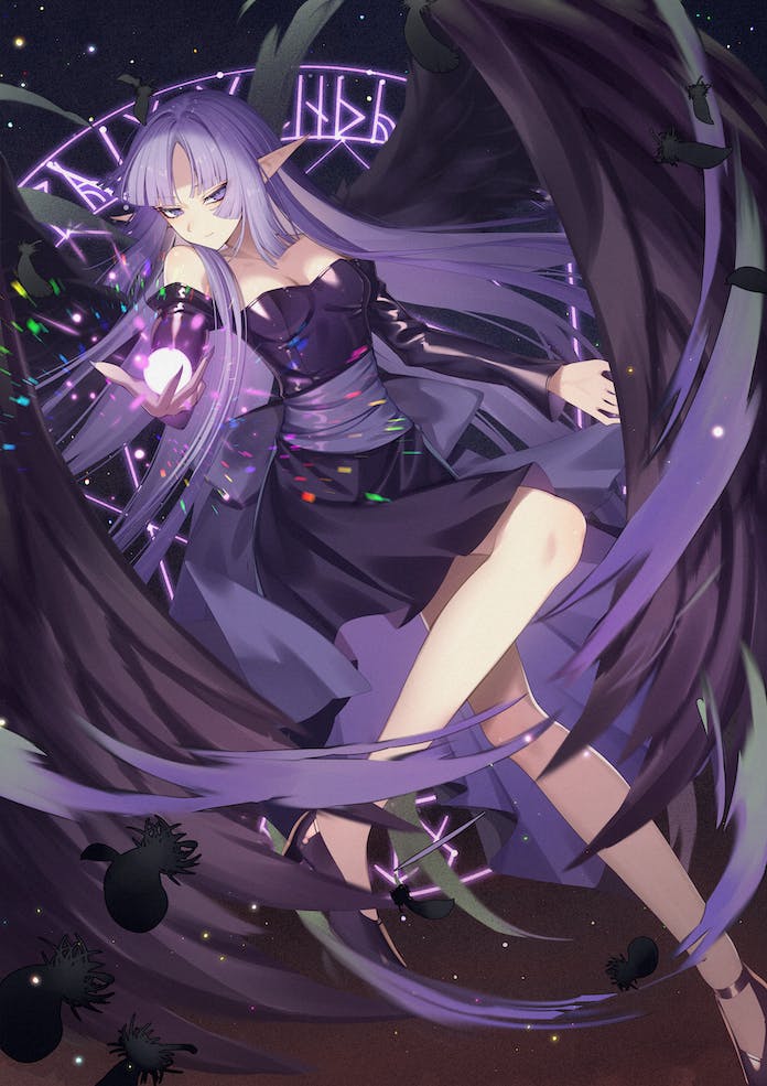 1girl, bare_shoulders, black_dress, black_feathers, black_wings, cluseller, comic, commission, detached_sleeves, dress, duel_monster, falling_feathers, feathered_wings, feathers, high_heels, long_hair, long_sleeves, magic, magic_circle, night_wing_sorceress, pointy_ears, purple_eyes, purple_hair, skeb_commission, solo, wings, yu-gi-oh!
