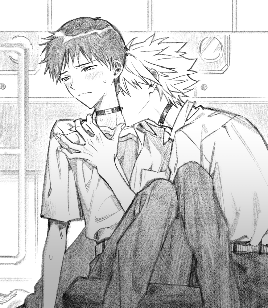 2boys, black_pants, blush, choker, closed_mouth, collared_shirt, graphite_(medium), greyscale, himo_(himodayoo), ikari_shinji, kiss, kissing_neck, looking_to_the_side, male_focus, monochrome, multiple_boys, nagisa_kaworu, neon_genesis_evangelion, pants, school_uniform, shirt, short_hair, short_sleeves, tokyo-3_middle_school_uniform, traditional_media, white_shirt, yaoi