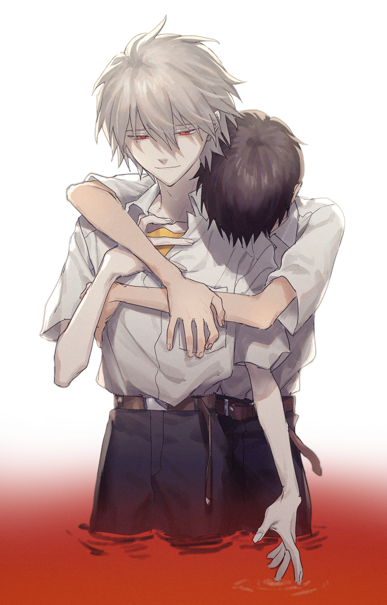 2boys, belt, black_pants, blood, brown_belt, closed_mouth, collared_shirt, facing_viewer