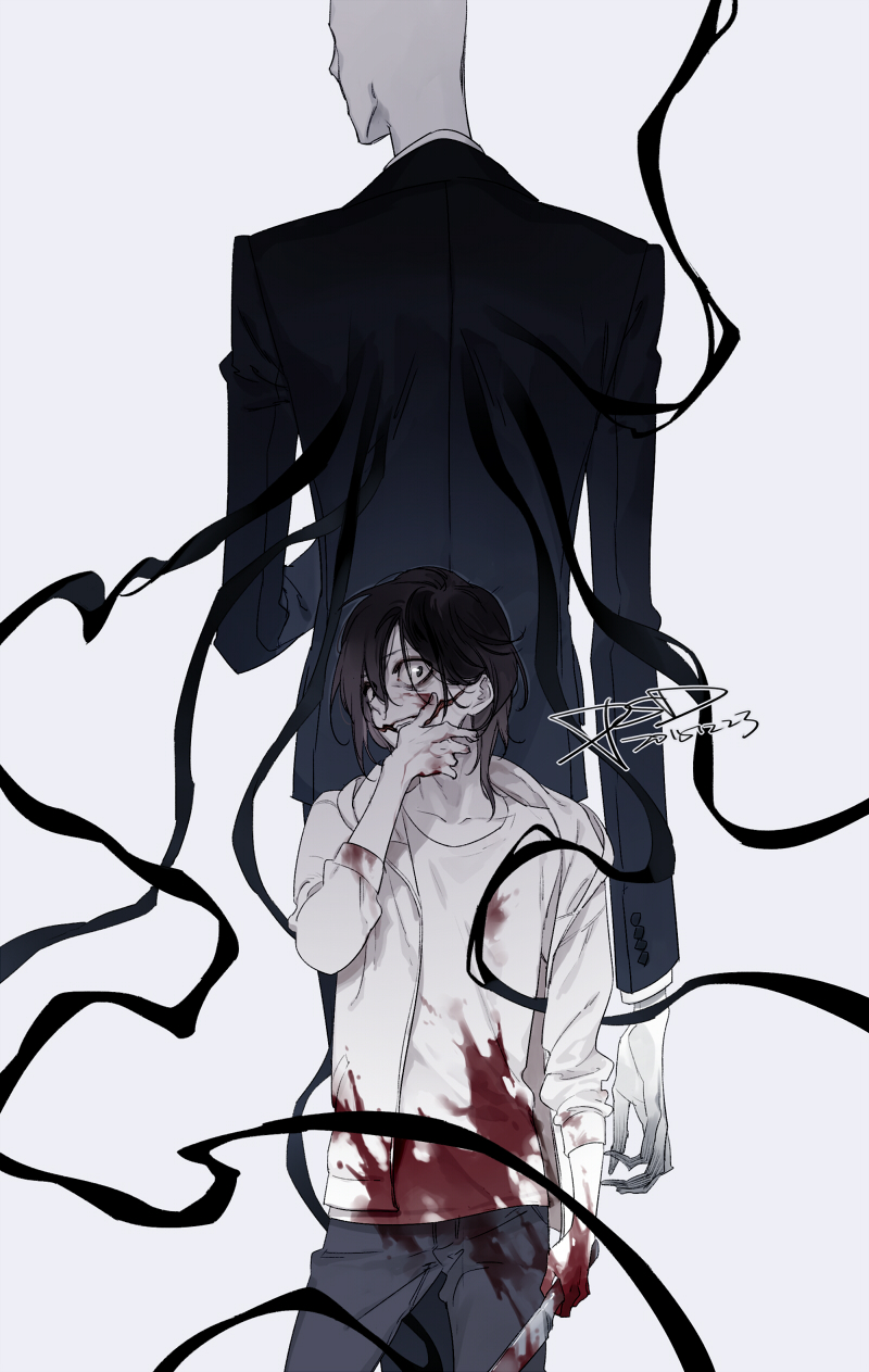 2boys, artist_name, back-to-back, black_suit, blood, blood_from_mouth, blood_on_clothes, blood_on_face, blood_on_hands, blood_splatter, blood_stain, bloody_weapon, creepypasta, dated, faceless, faceless_male, formal_clothes, highres, holding, holding_knife, hood, hoodie, jacket, jeff_the_killer, knife, looking_at_viewer, multiple_boys, open_clothes, open_jacket, pale_skin, pants, psd_(psdgai), shirt, slender_man, suit, tall_male, tendril, weapon, white_background, white_hoodie, white_shirt