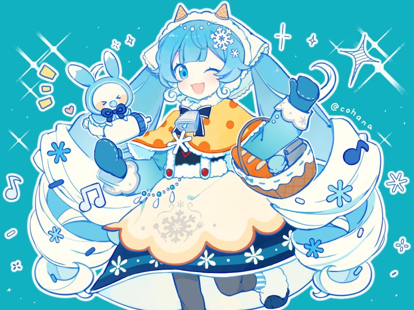 >_<, 1girl, ;d, animal, aqua_background, bag, baguette, basket