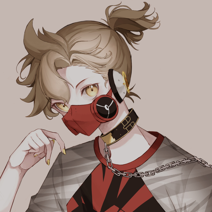 1boy, absurdres, ahoge, blonde_hair, brown_background, chain, chain_leash, collar_chain_(jewelry)