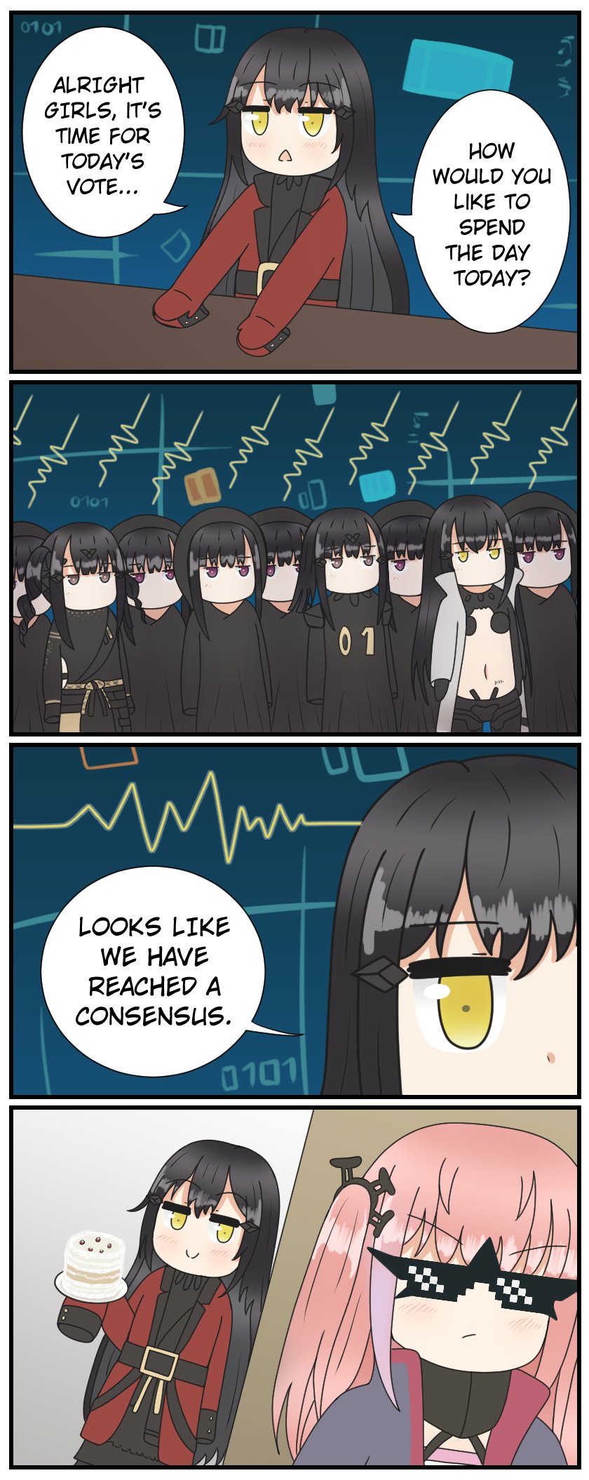 6+girls, around_corner, behind_another, black_hair, black_hood, blue_coat, brown_eyes, c: