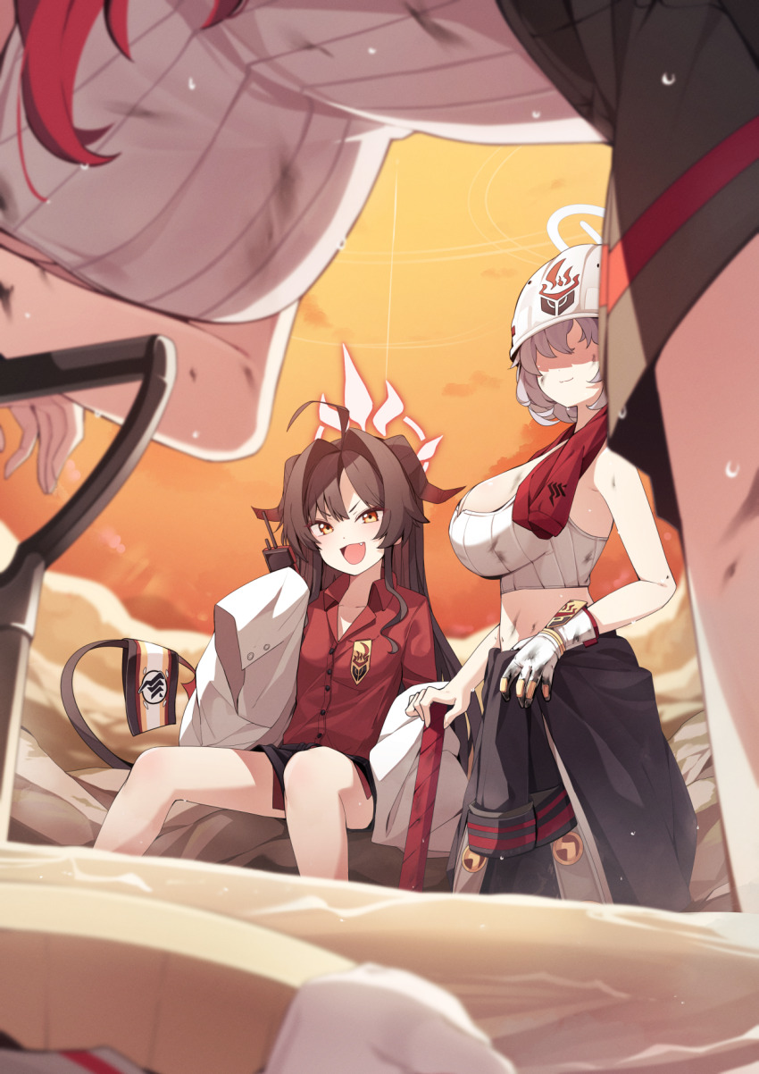 3girls, ahoge, bare_arms, bare_shoulders, bent_over, black_hair, black_skirt, blue_archive