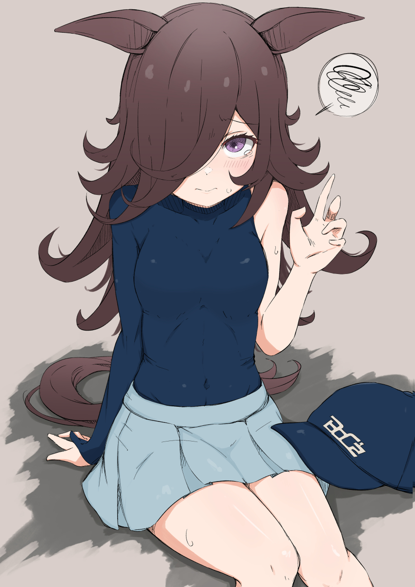 1girl, absurdres, animal_ears, arm_support, baseball_cap, blue_shirt, blush, breasts