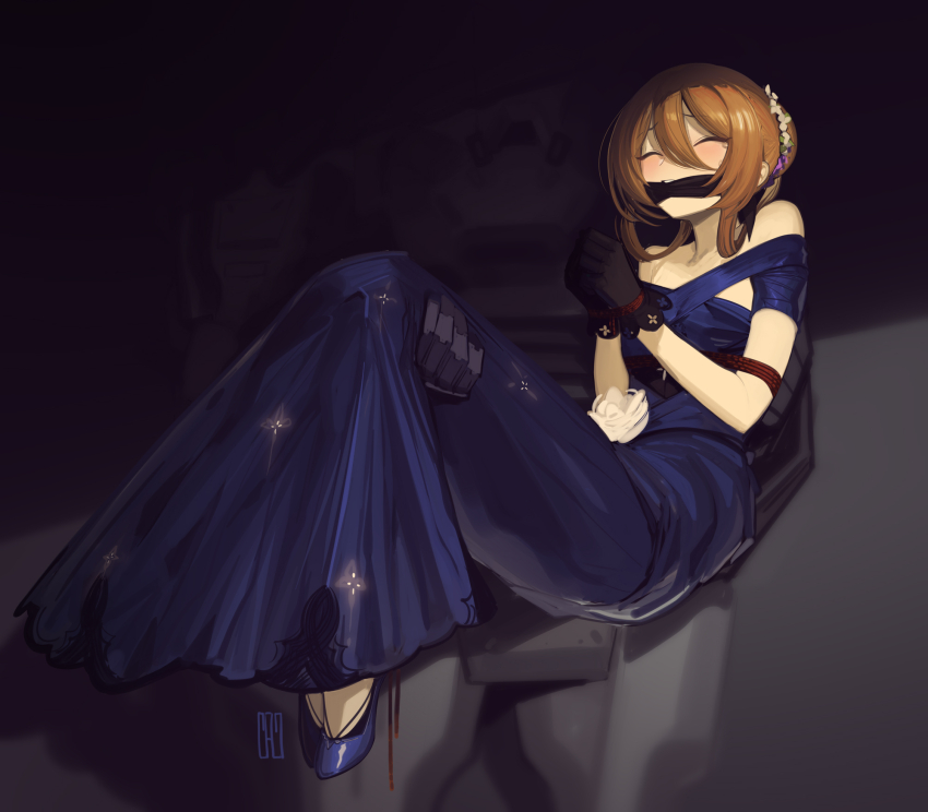 1girl, bare_shoulders, bdsm, black_gloves, blue_dress, blush, bondage, bound, bound_ankles, bound_arms, bound_wrists, brown_hair, cad_(caddo), carrying, cleave_gag, closed_eyes, cloth_gag, dress, evening_gown, flower, gag, gagged, girls'_frontline, gloves, hair_between_eyes, hair_flower, hair_ornament, hair_rings, highres, improvised_gag, off-shoulder_dress, off_shoulder, princess_carry, restrained, rope, rose, solo_focus, springfield_(girls'_frontline), springfield_(queen_in_radiance)_(girls'_frontline), white_flower, white_rose, wince