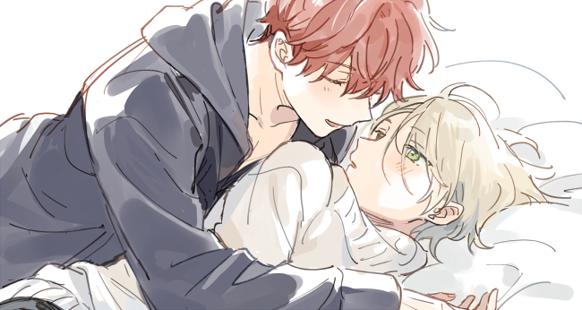 2boys, amagi_hiiro, blonde_hair, blush, closed_eyes, commentary, ensemble_stars!, green_eyes