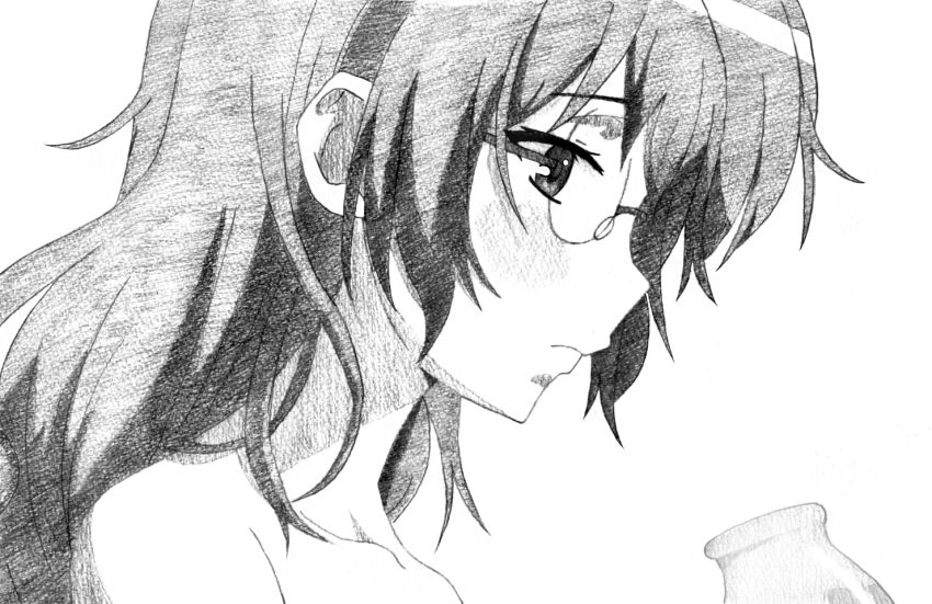 1girl, bad_id, bad_pixiv_id, female_focus, glasses, greyscale, long_hair, miamai
