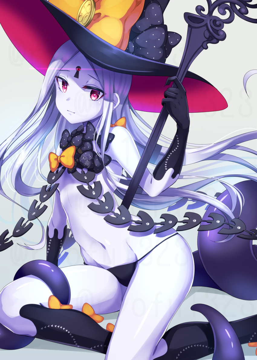 1girl, abigail_williams_(fate), abigail_williams_(third_ascension)_(fate), bare_shoulders, black_bow, black_hat, black_panties, blush