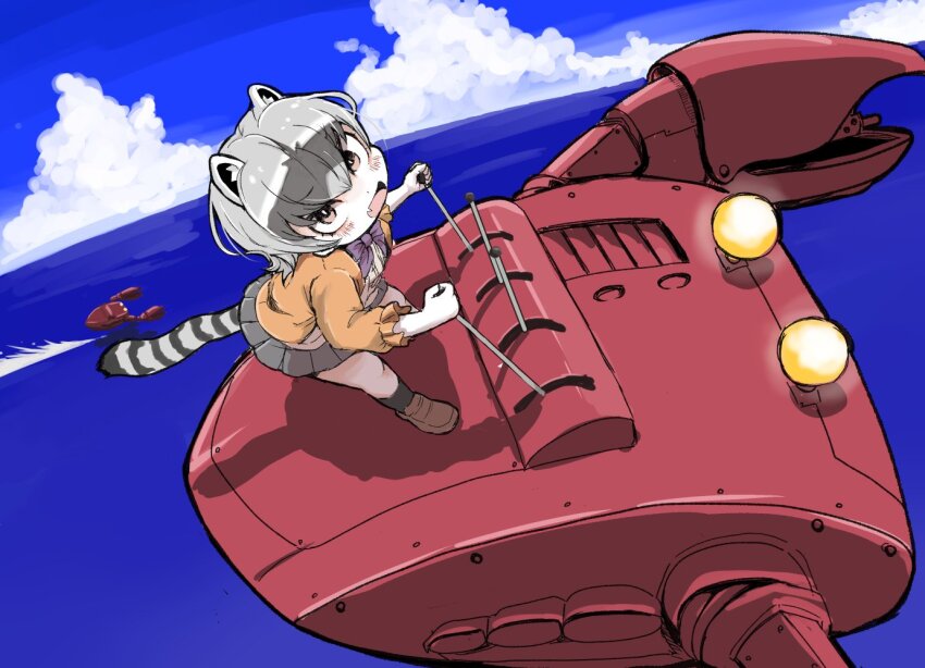 1girl, animal_ears, black_hair, bow, bowtie, brown_eyes, crab-eating_raccoon_(kemono_friends), day