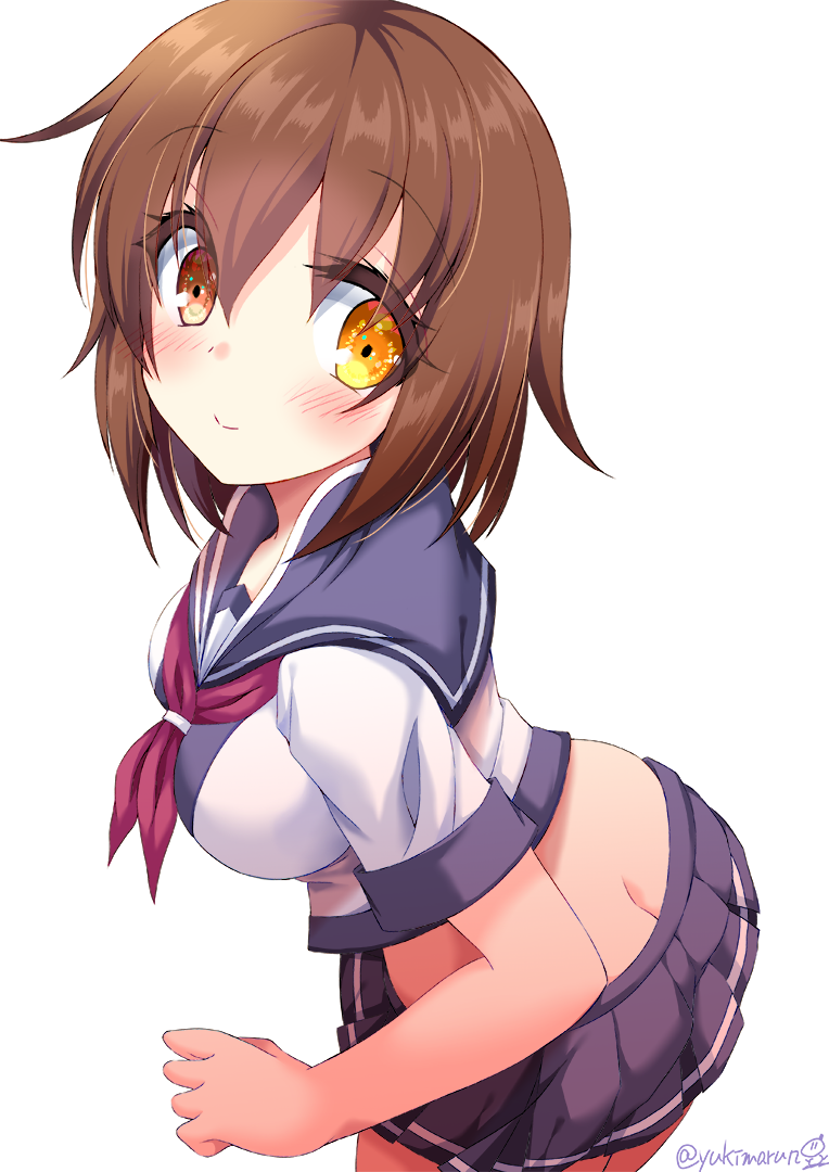 1girl, ass, blue_sailor_collar, blue_skirt, breasts, brown_hair, butt_crack, commentary_request
