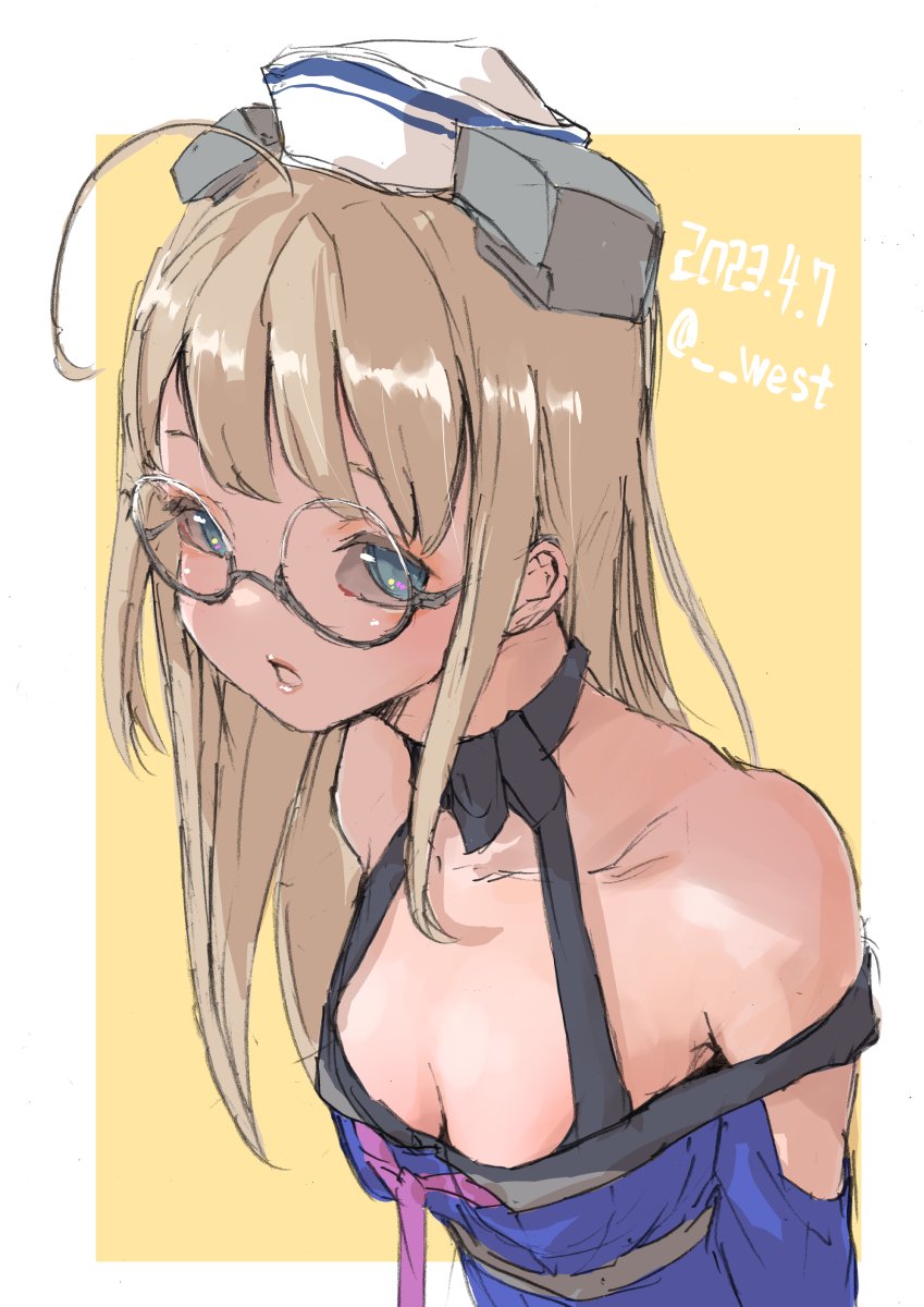 1girl, ahoge, blue_eyes, blue_shirt, breasts, cleavage, glasses, heywood_l._edwards_(kancolle)