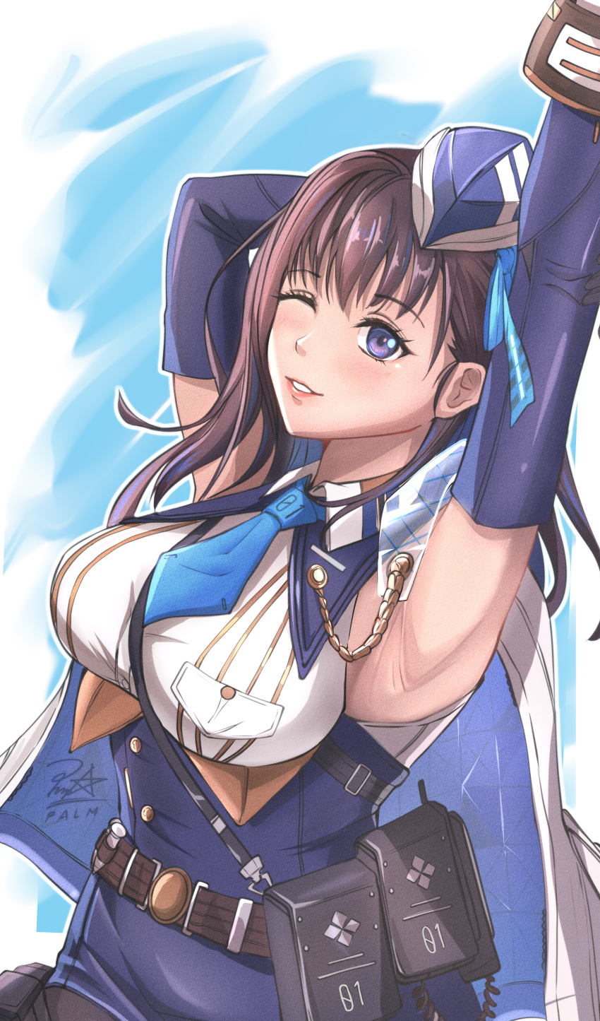 1girl, absurdres, armpits, arms_up, blue_necktie, blush, breasts, brown_hair, detached_sleeves, goddess_of_victory:_nikke, hat, highres, large_breasts, lips, long_hair, looking_at_viewer, marian_(nikke), medium_breasts, necktie, p.a.l.m, purple_eyes, ribbon, sideboob, smile, solo, sweat, upper_body