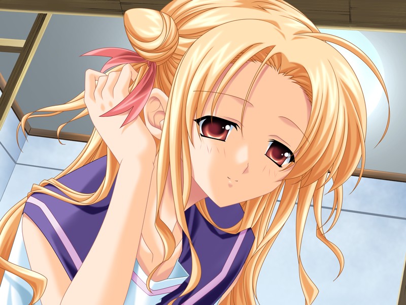 blonde_hair, fortune_cookie_(visual_novel), happy, red_eyes, red_ribbon, ribbon, school_uniform, smart, takaya_ren