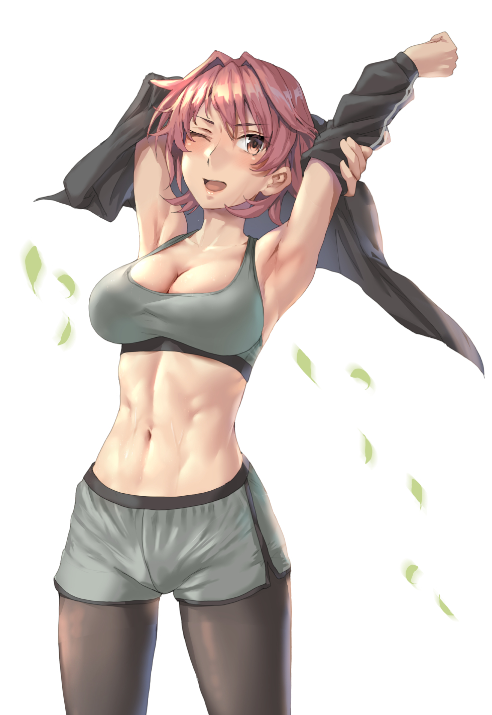 1girl, arm_up, armpits, black_jacket, black_pantyhose, breasts, cleavage, collarbone, grey_shorts, grey_sports_bra, highres, jacket, kantai_collection, kinu_(kancolle), kinu_kai_ni_(kancolle), kokuzou, large_breasts, navel, one_eye_closed, open_mouth, pantyhose, red_eyes, red_hair, short_hair, shorts, simple_background, solo, sports_bra, white_background