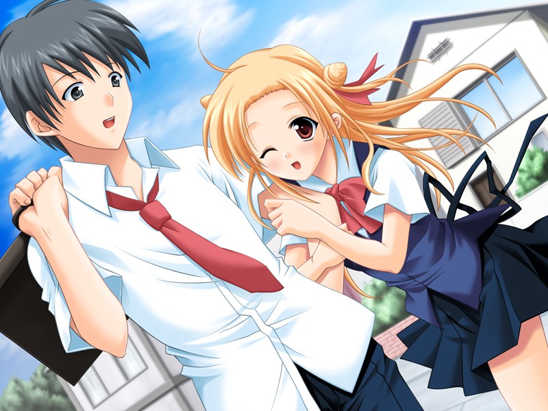 blonde_hair, brother_and_sister, fortune_cookie_(visual_novel), happy, red_eyes, red_ribbon, ribbon, school_uniform