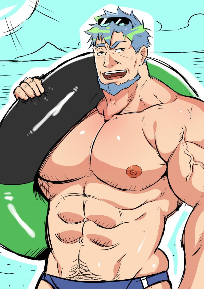 1boy, :d, abs, aqua_hair, artist_request, ass_lift, bara, blue_male_swimwear, cowboy_shot, earth-chan, earth-ojisan, facial_hair, genderswap, genderswap_(ftm), goatee, green_hair, highres, holding, holding_swim_ring, innertube, large_pectorals, light_blush, male_focus, male_swimwear, mature_male, muscular, muscular_male, navel_hair, nipples, old, old_man, open_mouth, original, parody, pectorals, short_hair, sideburns, skindentation, smile, solo, stomach, sunglasses, swim_briefs, swim_ring, topless_male, veins, veiny_arms