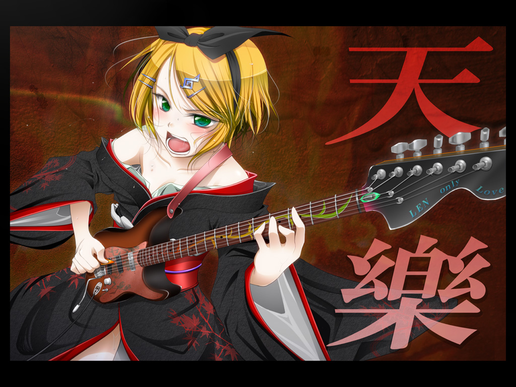 1girl, bare_shoulders, blonde_hair, blush, female_focus, flower, green_eyes, guitar