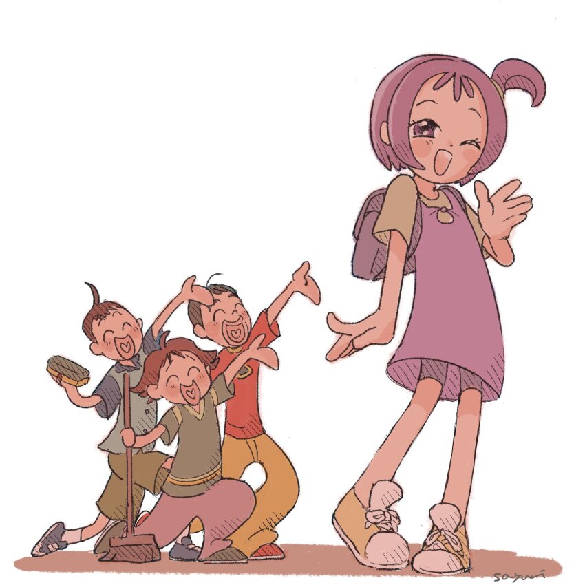 1girl, 3boys, :d, backpack, bag, blue_shirt, blush, brown_hair